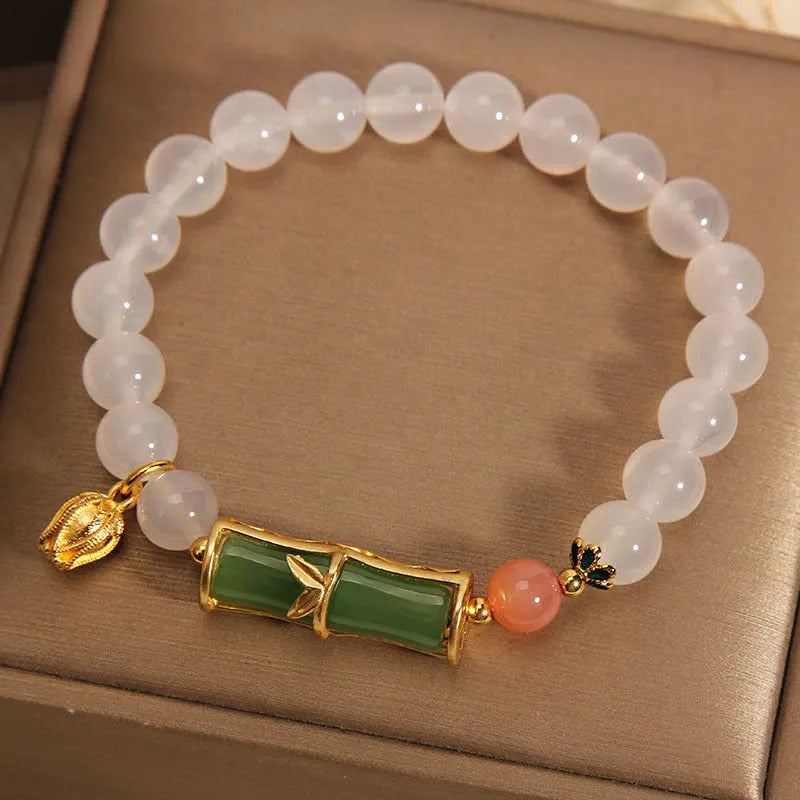 Chinese bamboo beaded bracelet with white agate jasper and jade beads for women
