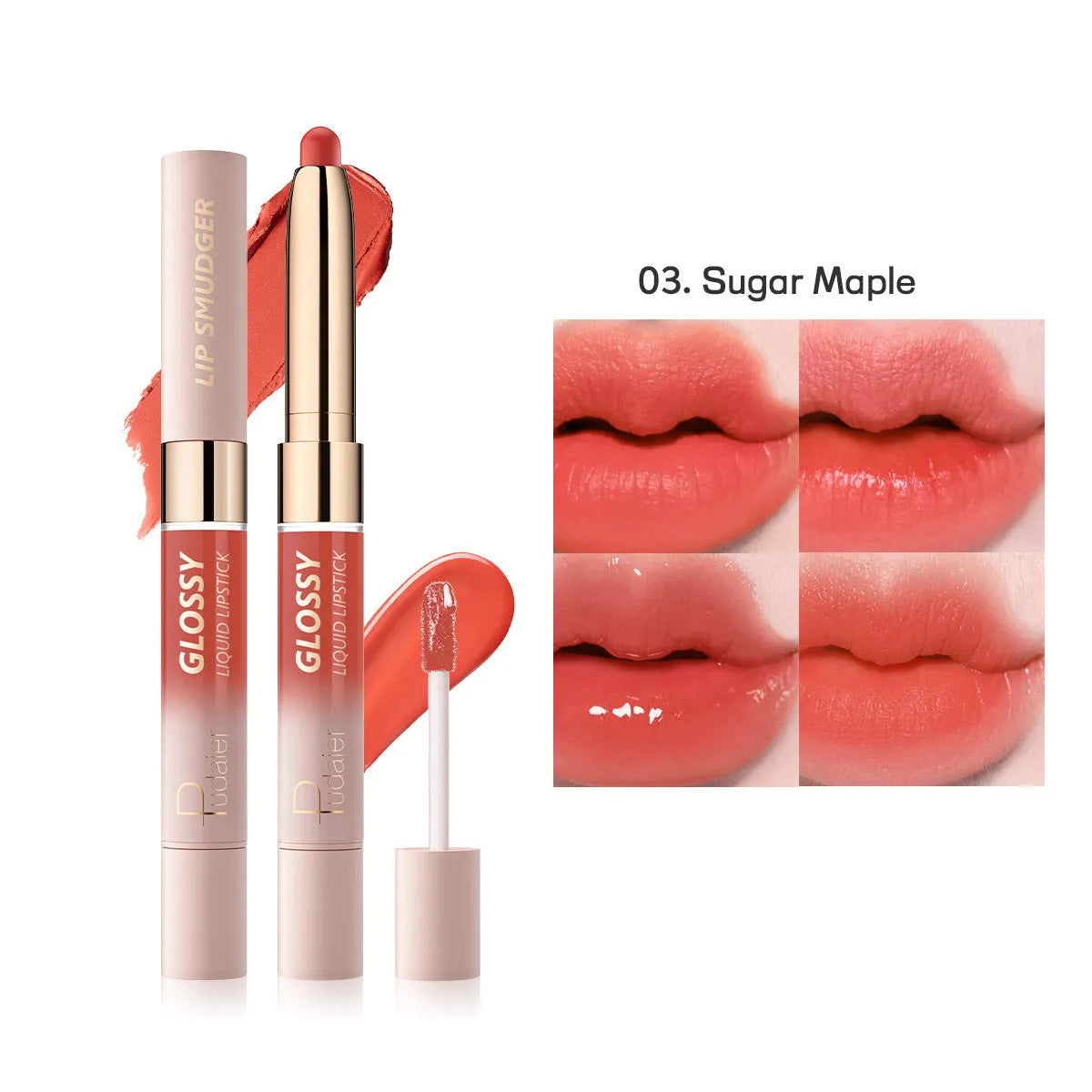 Double-headed lipstick showing matte and glossy finishes in one of 10 available colours