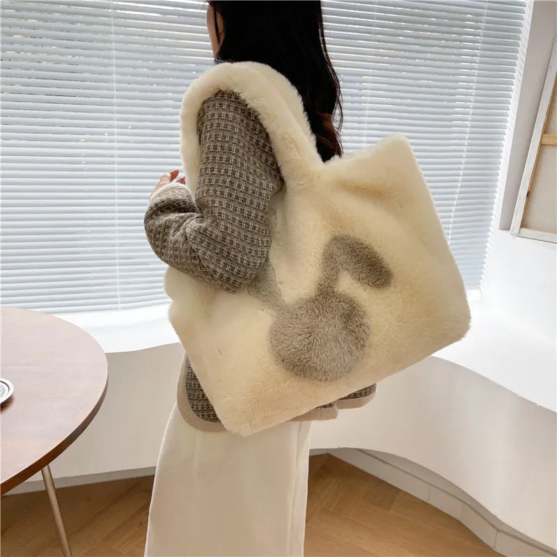 Plush cartoon rabbit ears shoulder bag in solid colour with large capacity design