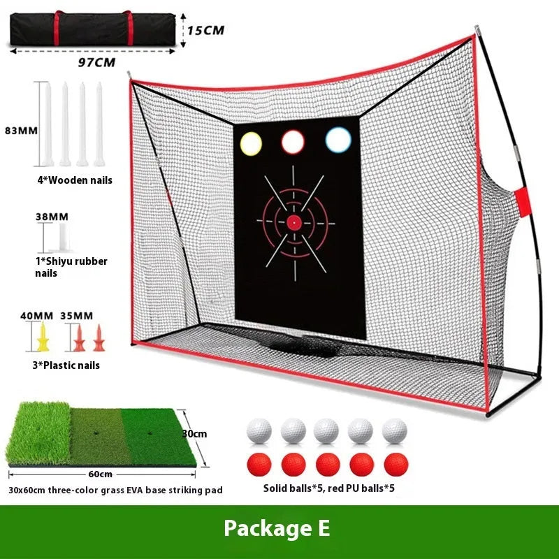 Golf wedge training set with three-hole net, straw practice mat, practice balls, and accessories