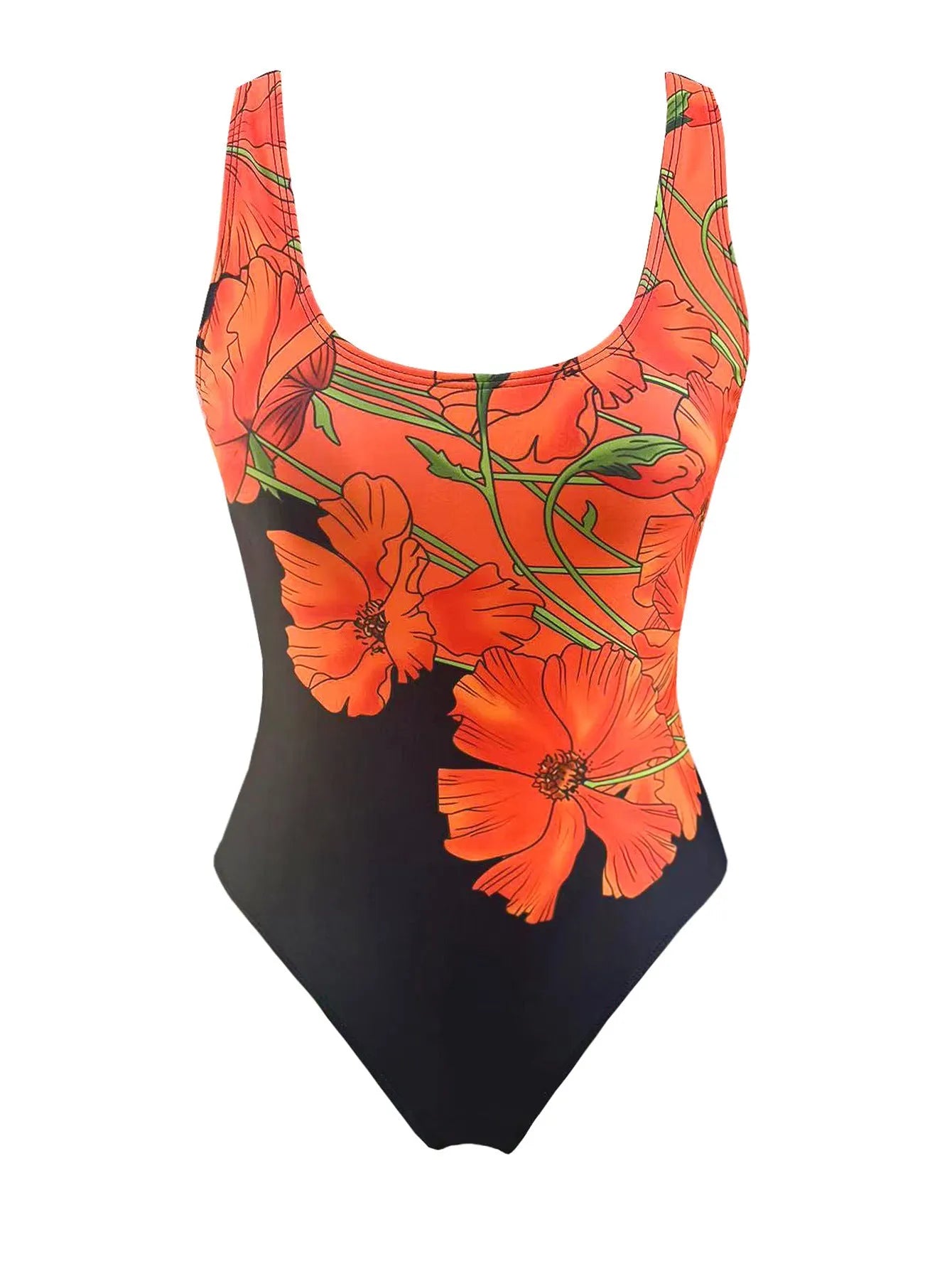 Orange flowers print backless one-piece swimsuit slim fit women's swimwear