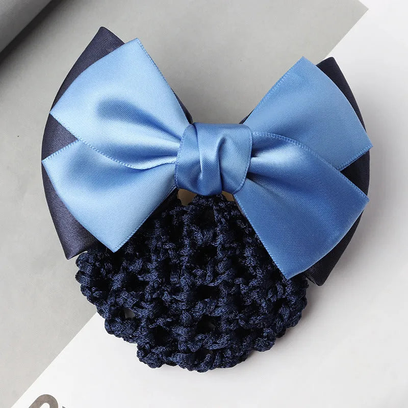 Professional waitress hair net with double bow clip in various colours including black, red, and blue mesh