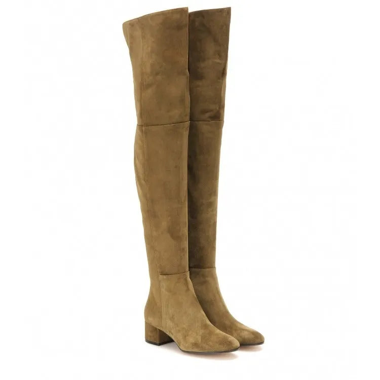 Grey suede women's flat over-the-knee boots with pointed toe and thick rubber sole