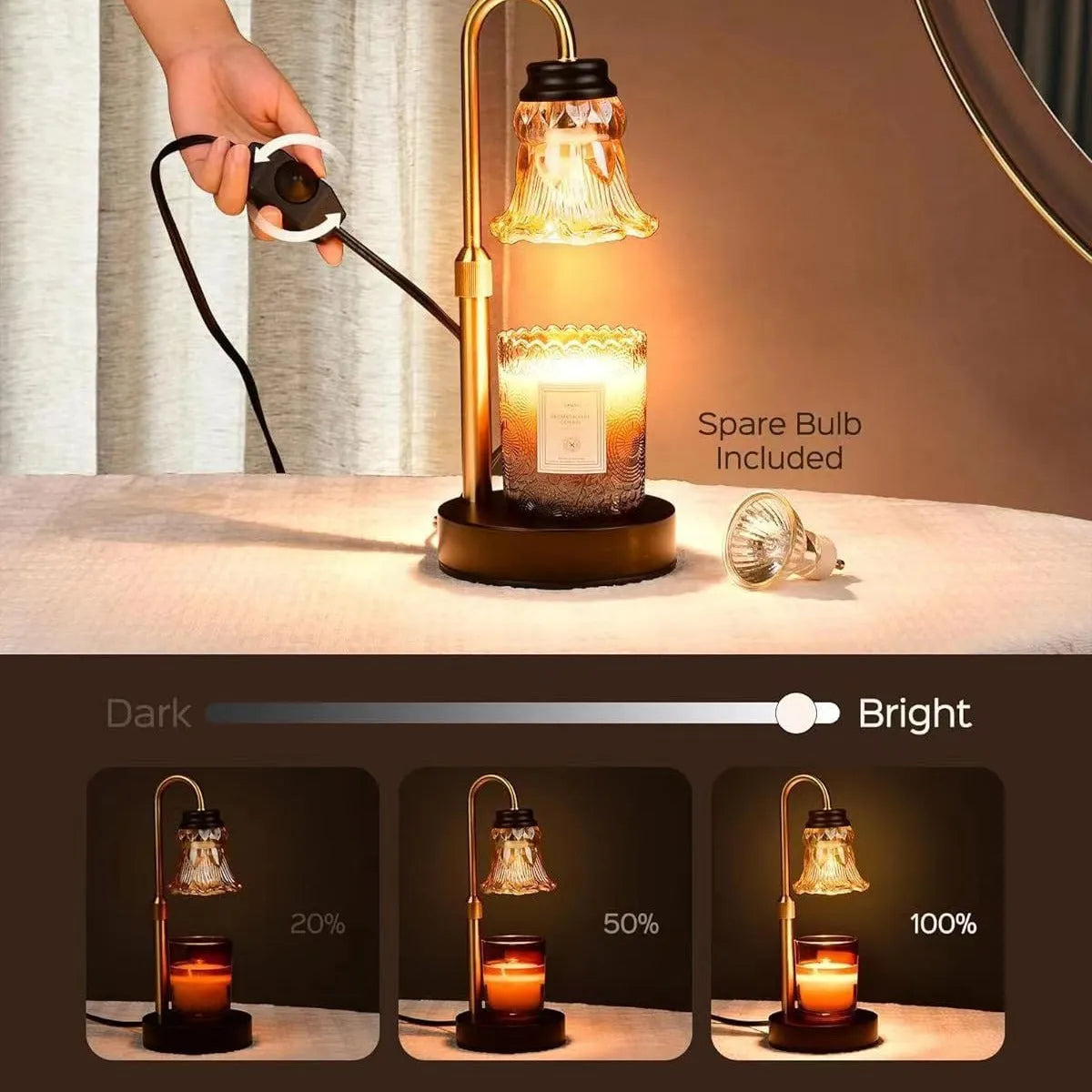 Bamboo aromatherapy wax melting lamp with adjustable lifting mechanism showing extended height