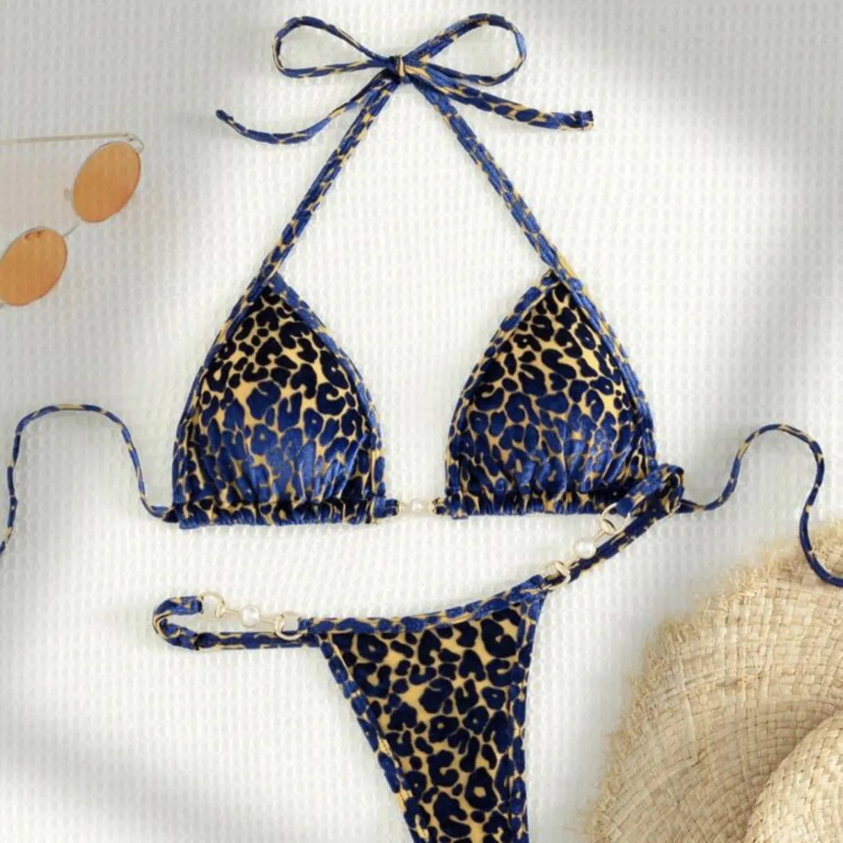 Women's leopard print bikini set with T-back design in multiple colour variations