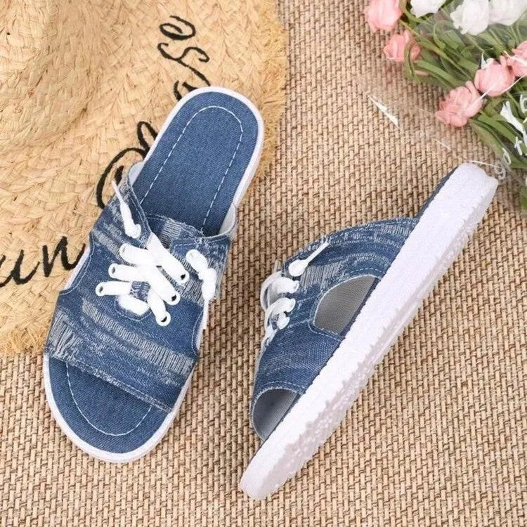 Blue Roman style women's canvas slippers with a cloth upper and rubber sole, shown in size 36-43.