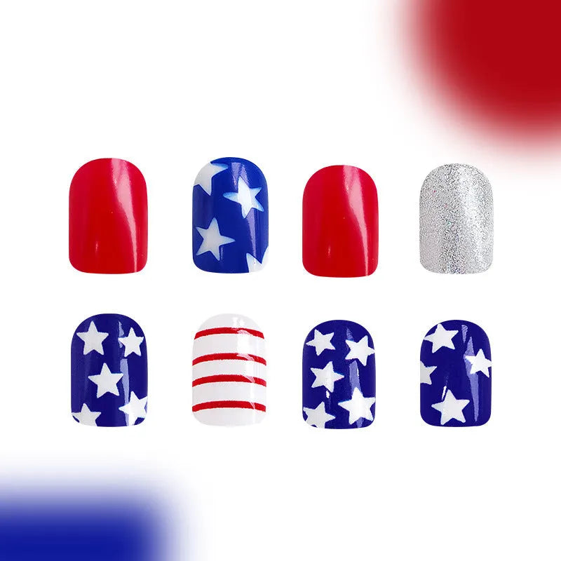 Box of finished glitter red and blue multicolor Independence Day nail tips in a short European Square shape.