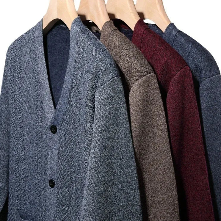 Men's long-sleeved striped cardigan sweater with wool lining in brown, gray, or red