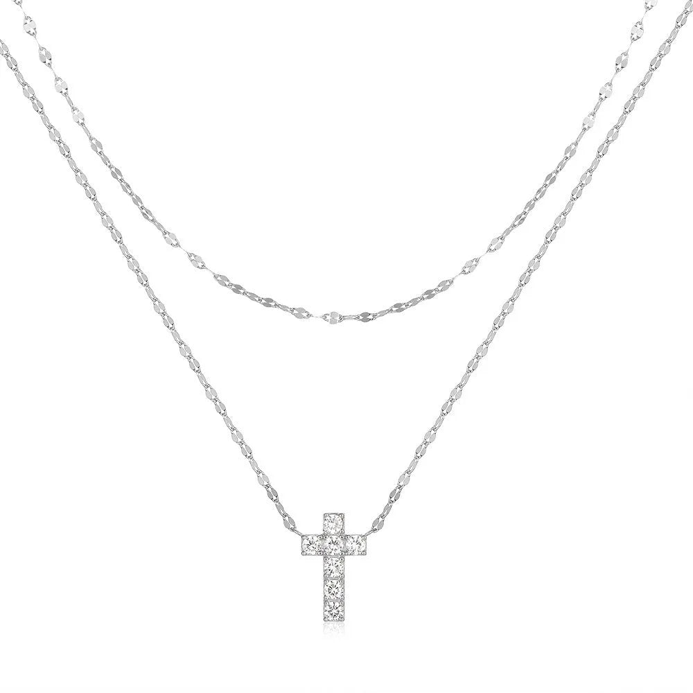 S925 sterling silver double layer twin diamond cross pendant necklace on clavicle chain in gold colour