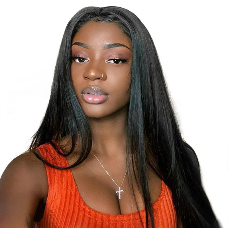 Women's long straight black wig with centre-parted bangs made from high-temperature fibre