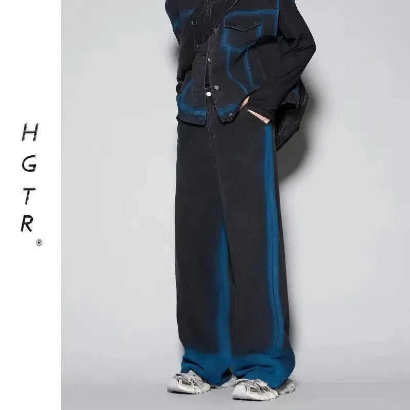 Distressed blue vest and jeans two-piece suit set with spray colour gradient effect
