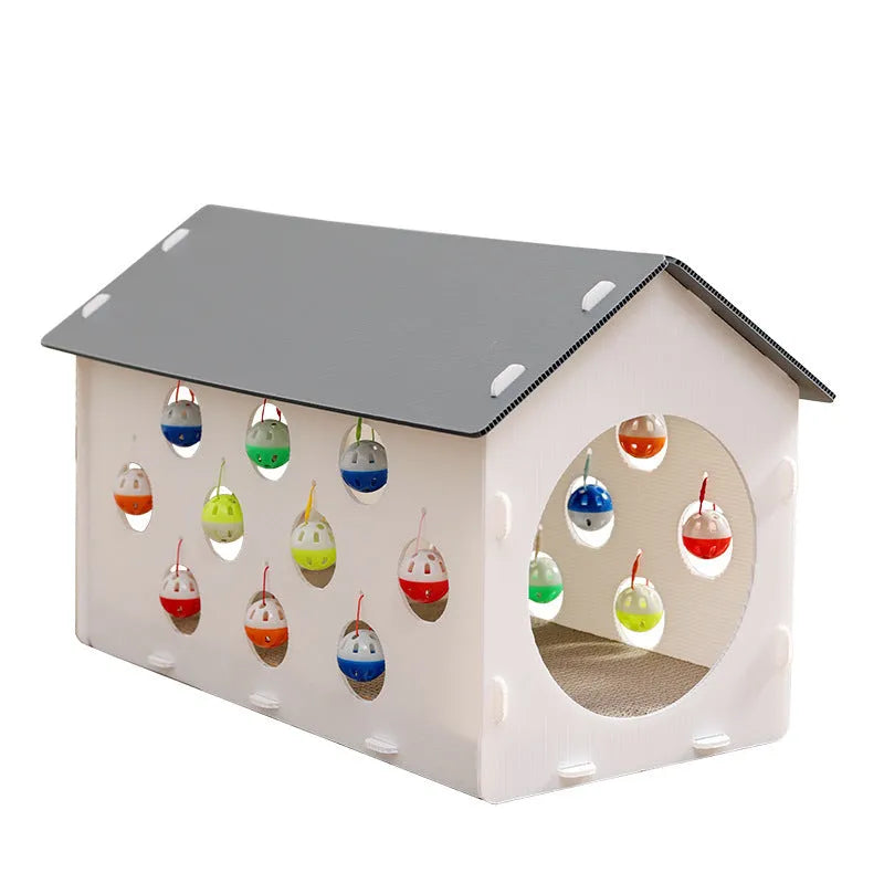 Plastic cat scratch board nest with hanging bell ball toy and tunnel passage