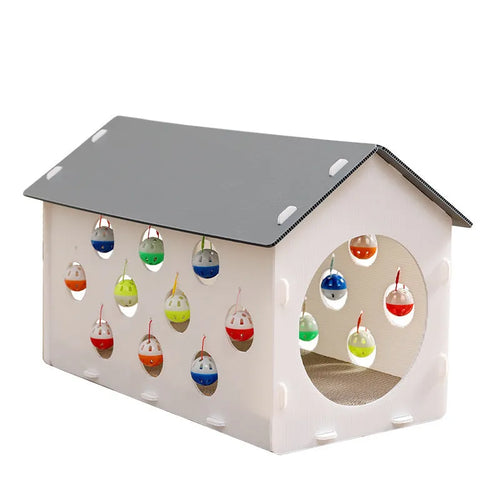 Plastic cat scratch board nest with hanging bell ball toy and tunnel passage