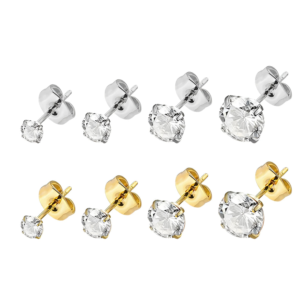 Titanium steel geometric stud earrings showing square and round zircon designs in gold and steel colours