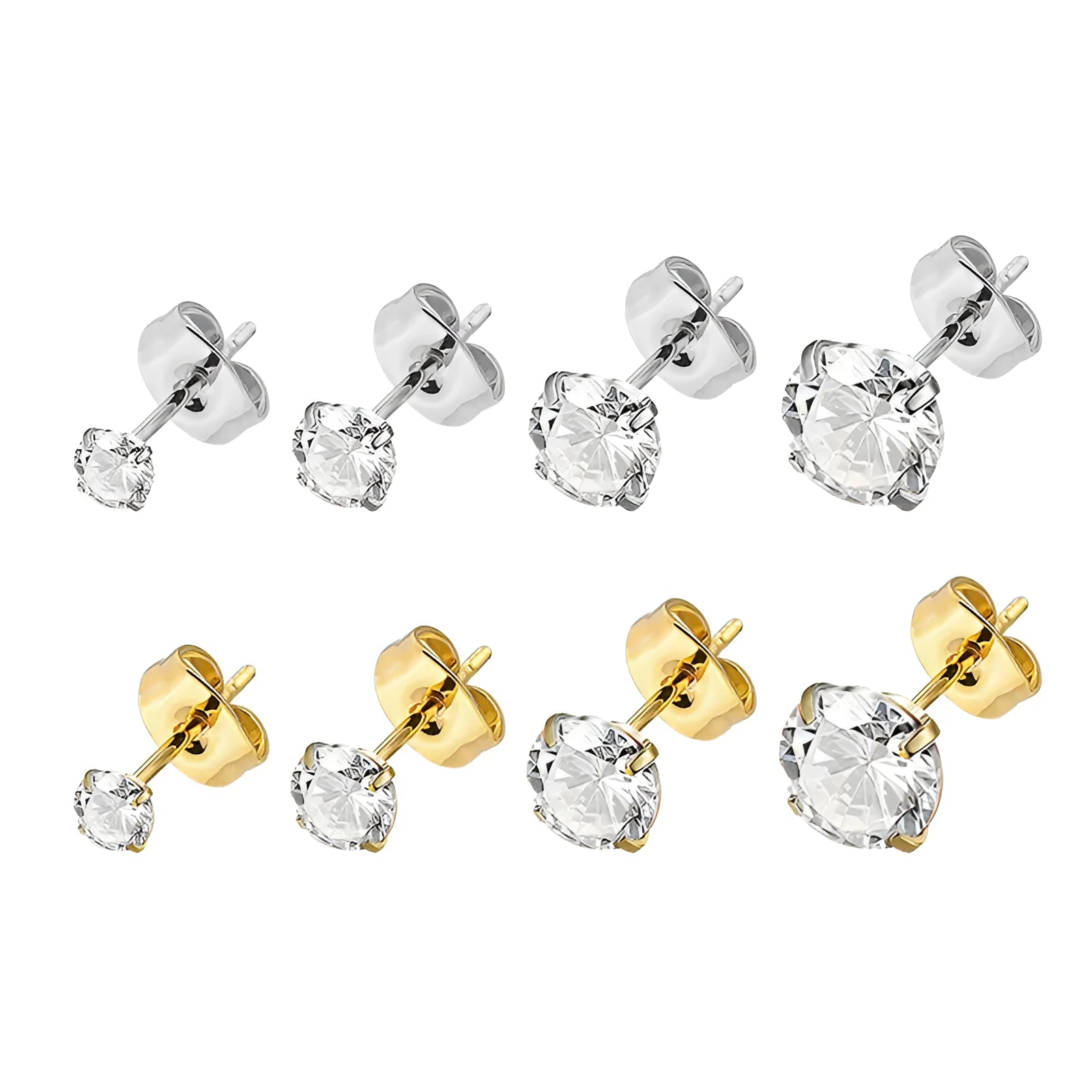 Titanium steel geometric stud earrings showing square and round zircon designs in gold and steel colours