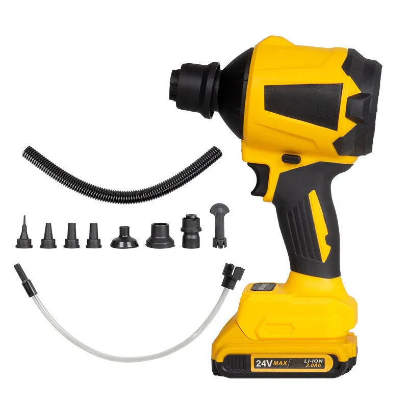 Yellow cordless dust blower gun with 680W power rating and adjustable air volume settings