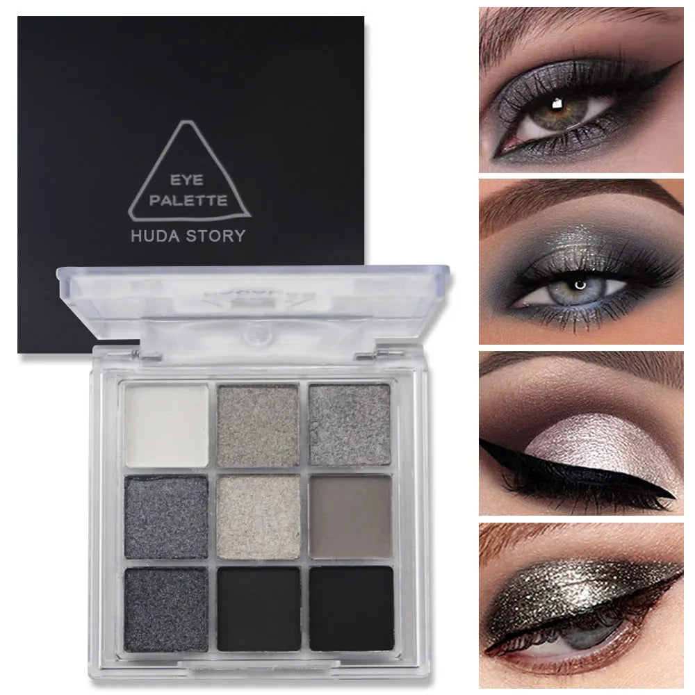 Smoked nine-colour eye shadow compact showing white silver black iron grey cosmetic shades
