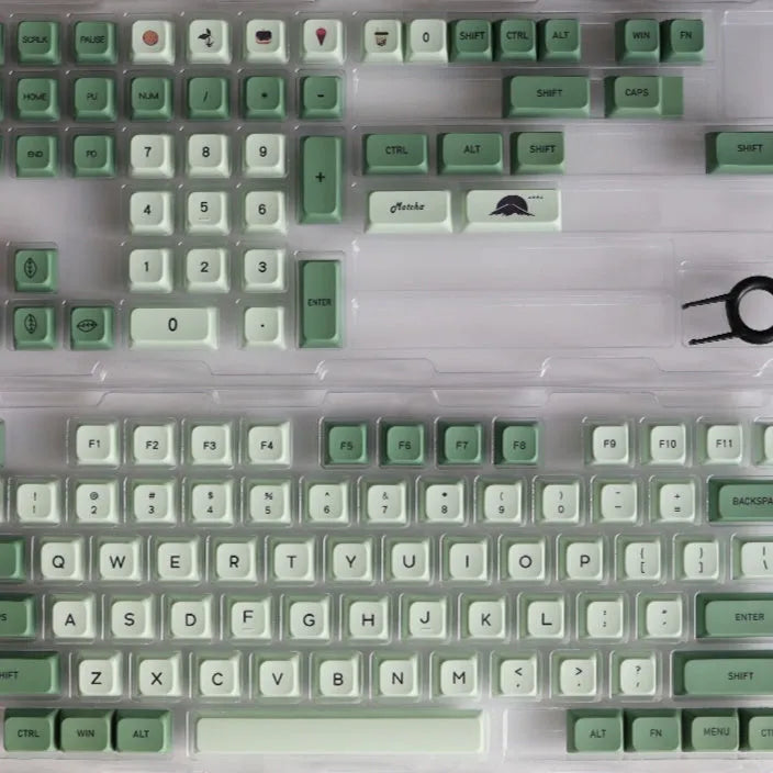 124 PBT keycaps in Matcha green colour arranged by language layout for mechanical keyboards