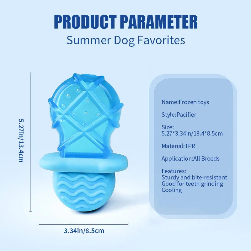 Set of three water-filled ice dog toys: a pacifier, a popsicle, and a ring cooling chew toy