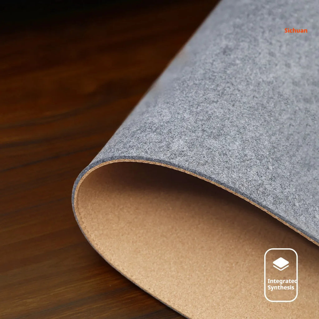 Oversized grey felt and cork desk mouse mat shown on a wooden desk with keyboard and mouse.