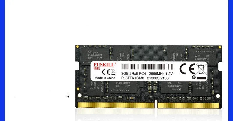 Single DDR4 laptop memory bar (SODIMM) for RAM upgrade, 260-pin, showing label with capacity and speed.
