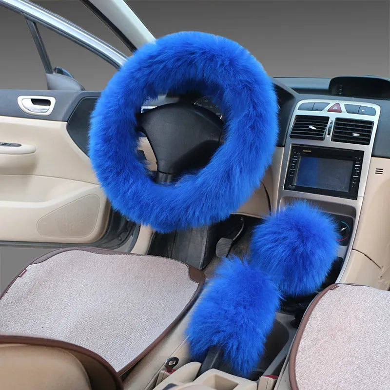 Wool and cashmere blend steering wheel cover and two matching handle covers set for 38cm diameter wheels.