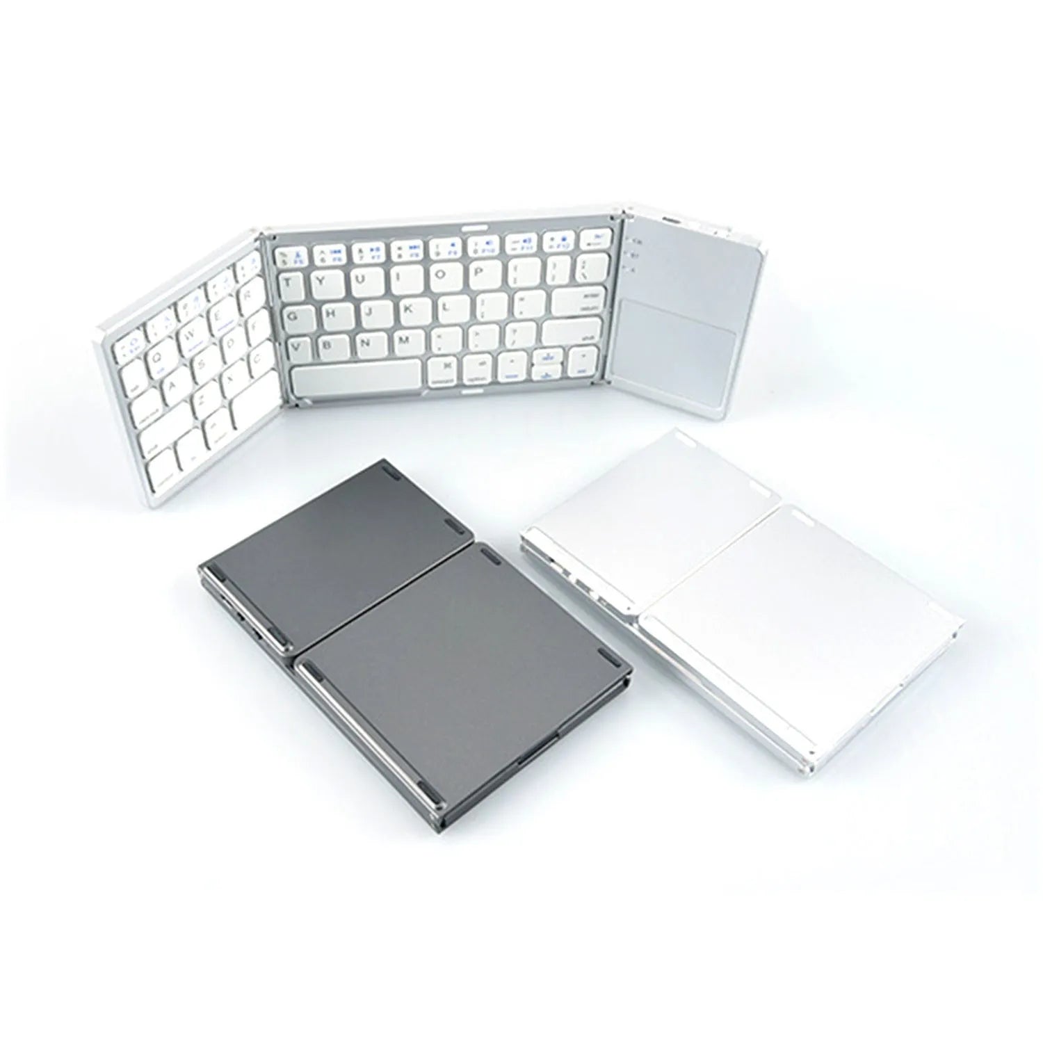 Tri-fold Bluetooth keyboard shown in black and silver colours with thin 0.8cm profile