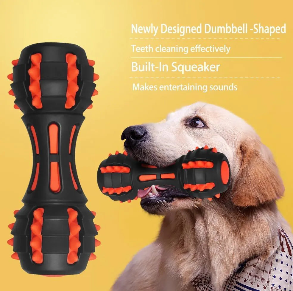 Red rubber dumbbell-shaped dog chew toy for aggressive chewers with measurements shown