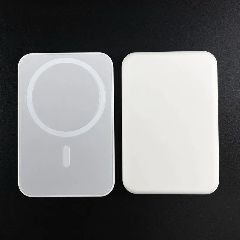 White magnetic wireless charging power bank with 5000mAh capacity measuring 100x65x16mm