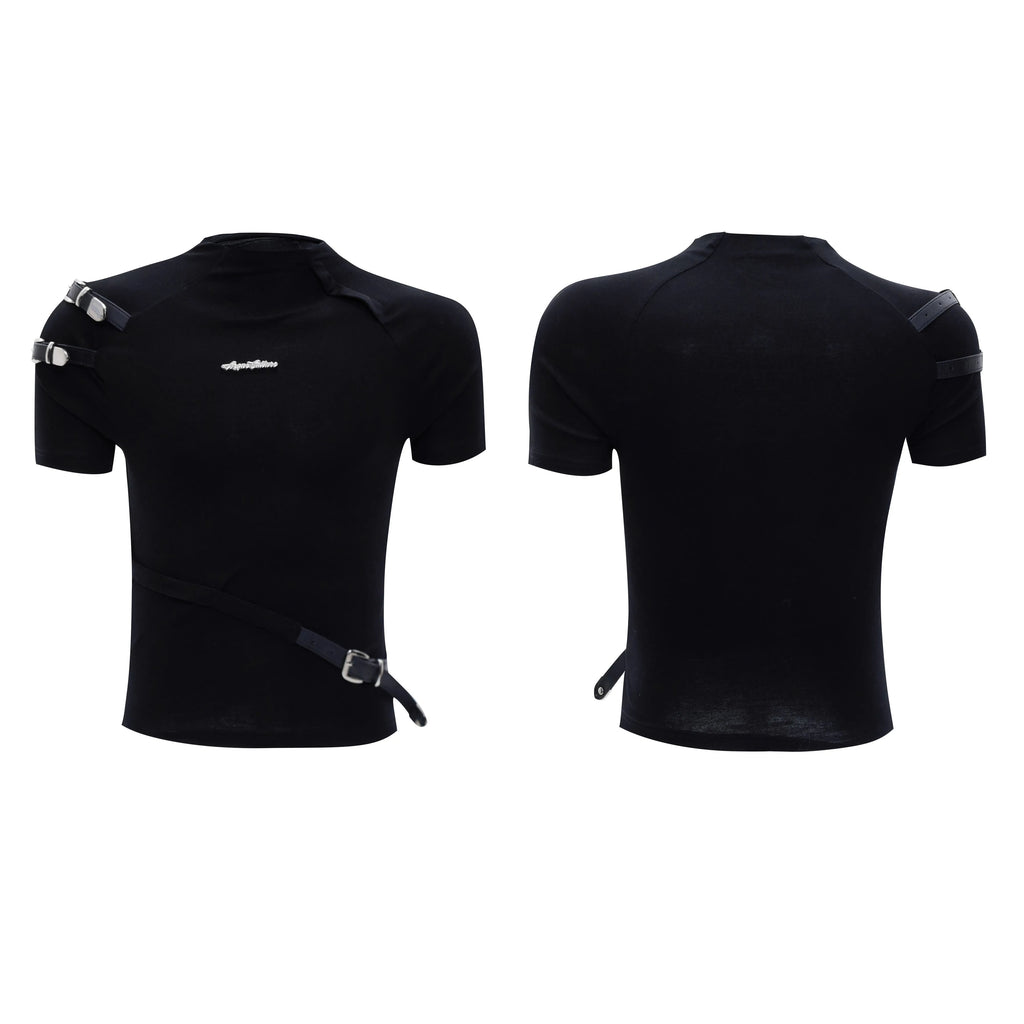 Men's black cotton short sleeve T-shirt with metal belt design and stand-up collar