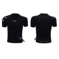 Men's black cotton short sleeve T-shirt with metal belt design and stand-up collar