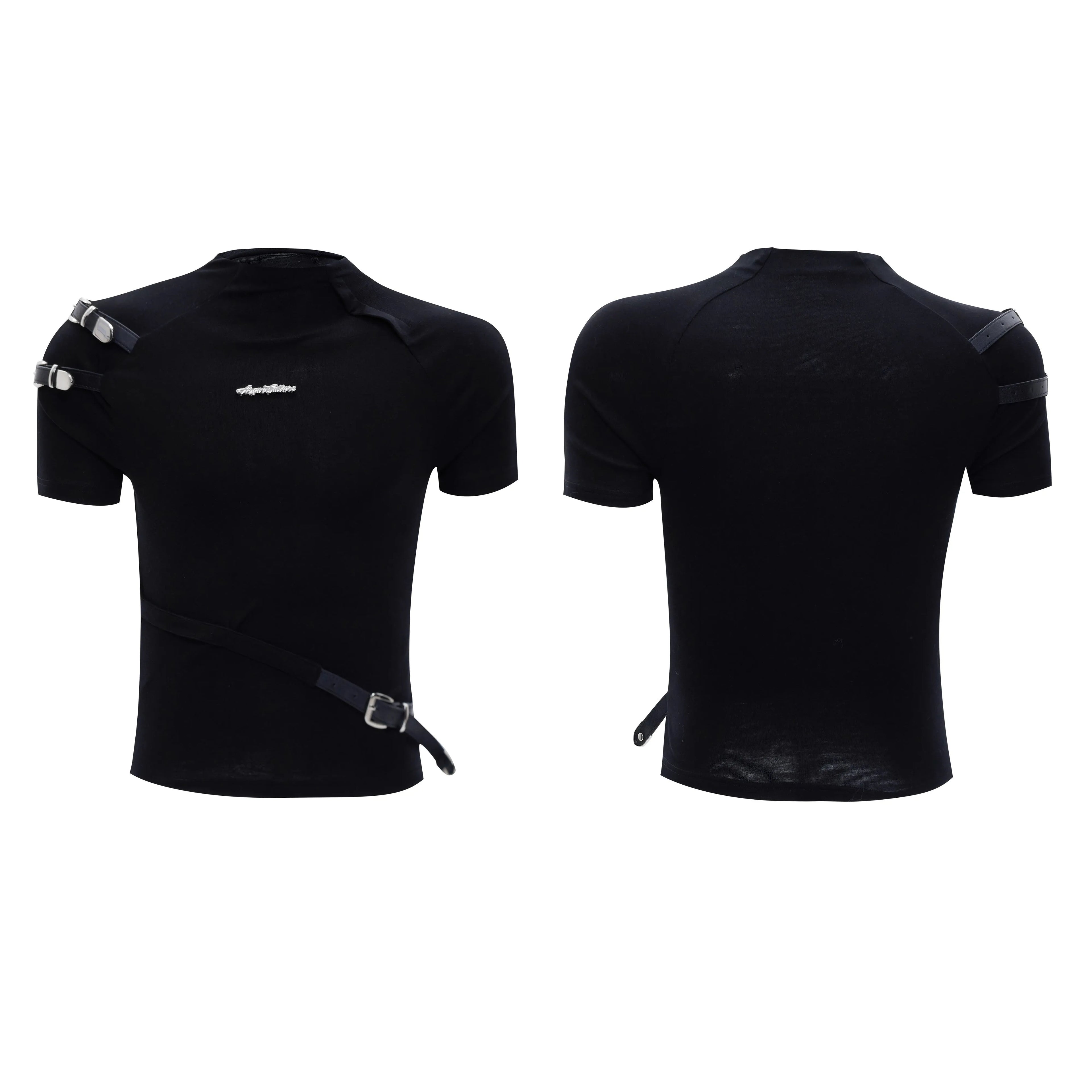 Men's black cotton short sleeve T-shirt with metal belt design and stand-up collar