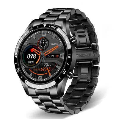 Stainless steel smart watch with black band and 1.3 inch touch screen display showing step count