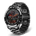 Stainless steel smart watch with black band and 1.3 inch touch screen display showing step count