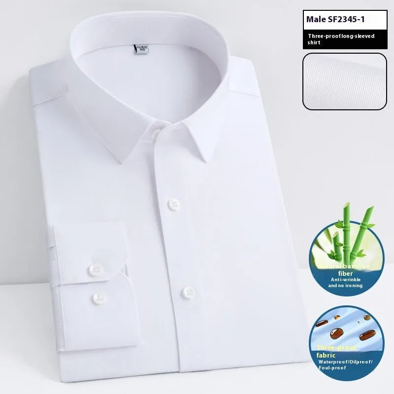 Men's slim fit bamboo fibre business shirt with square collar in a solid colour, shown in short sleeve style.