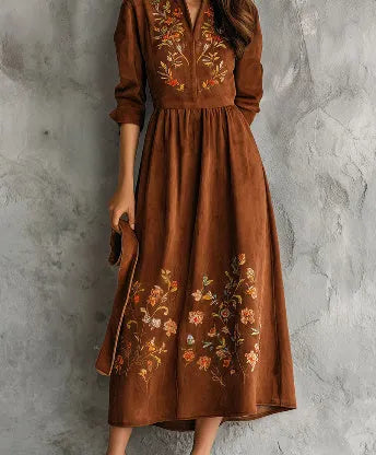 Brown vintage floral embroidered suede-look midi dress on mannequin