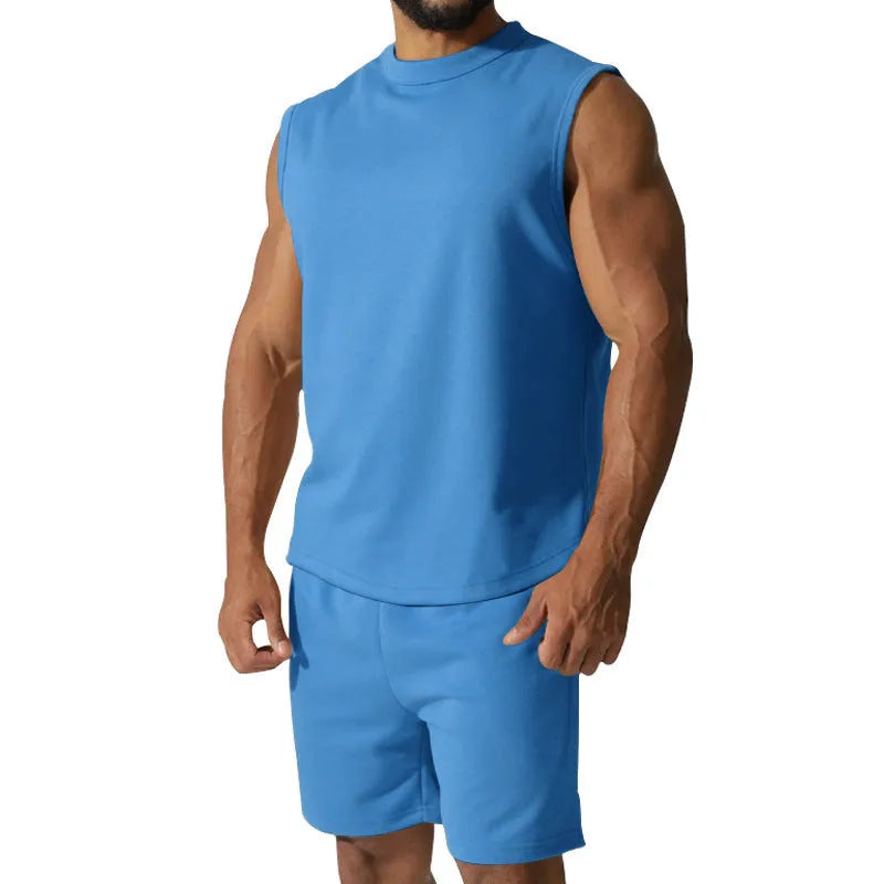 Men's sleeveless cotton blend sports top and matching shorts in solid colour options