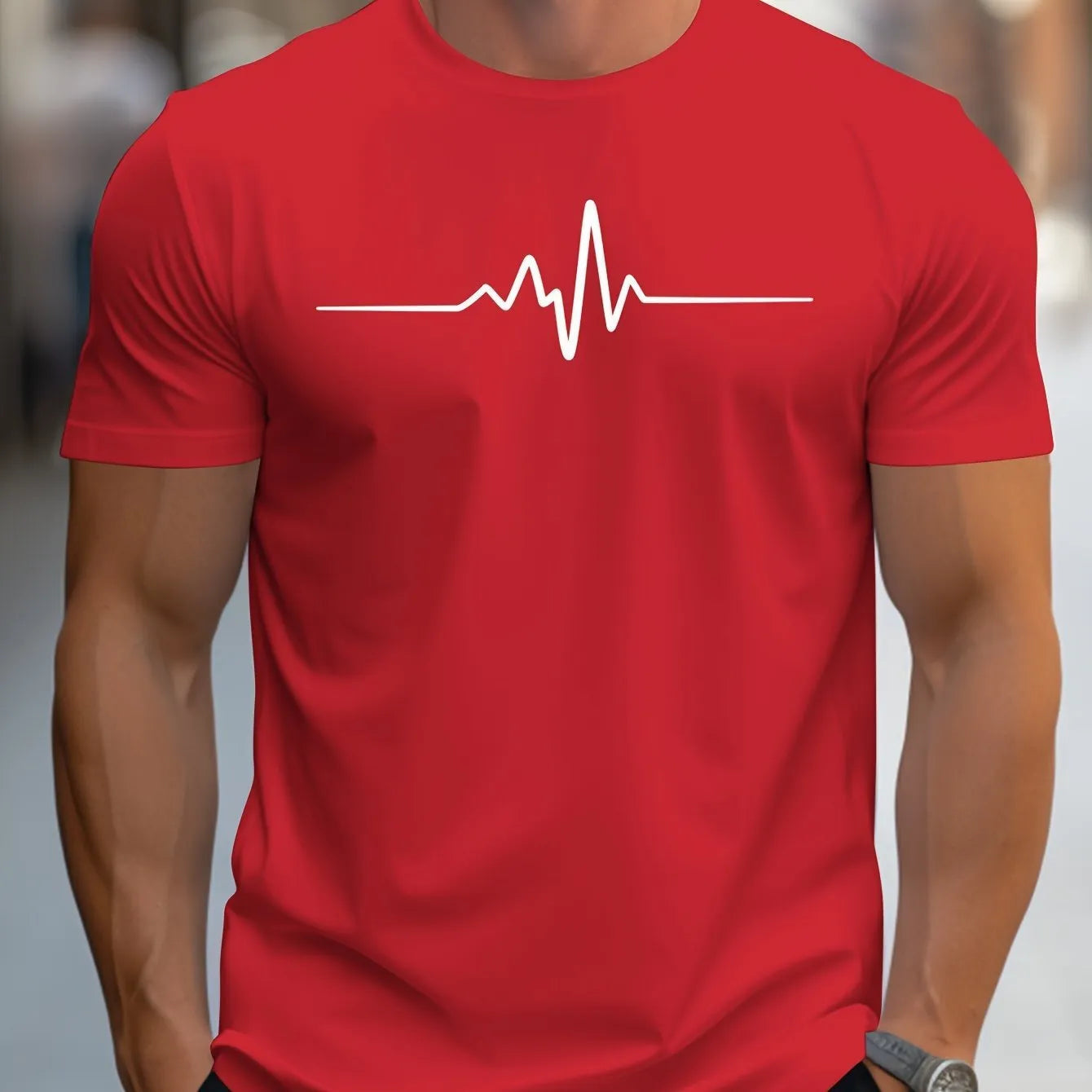 Men's loose-fit grey t-shirt with a raised 3D letter pattern on the front, short sleeves.