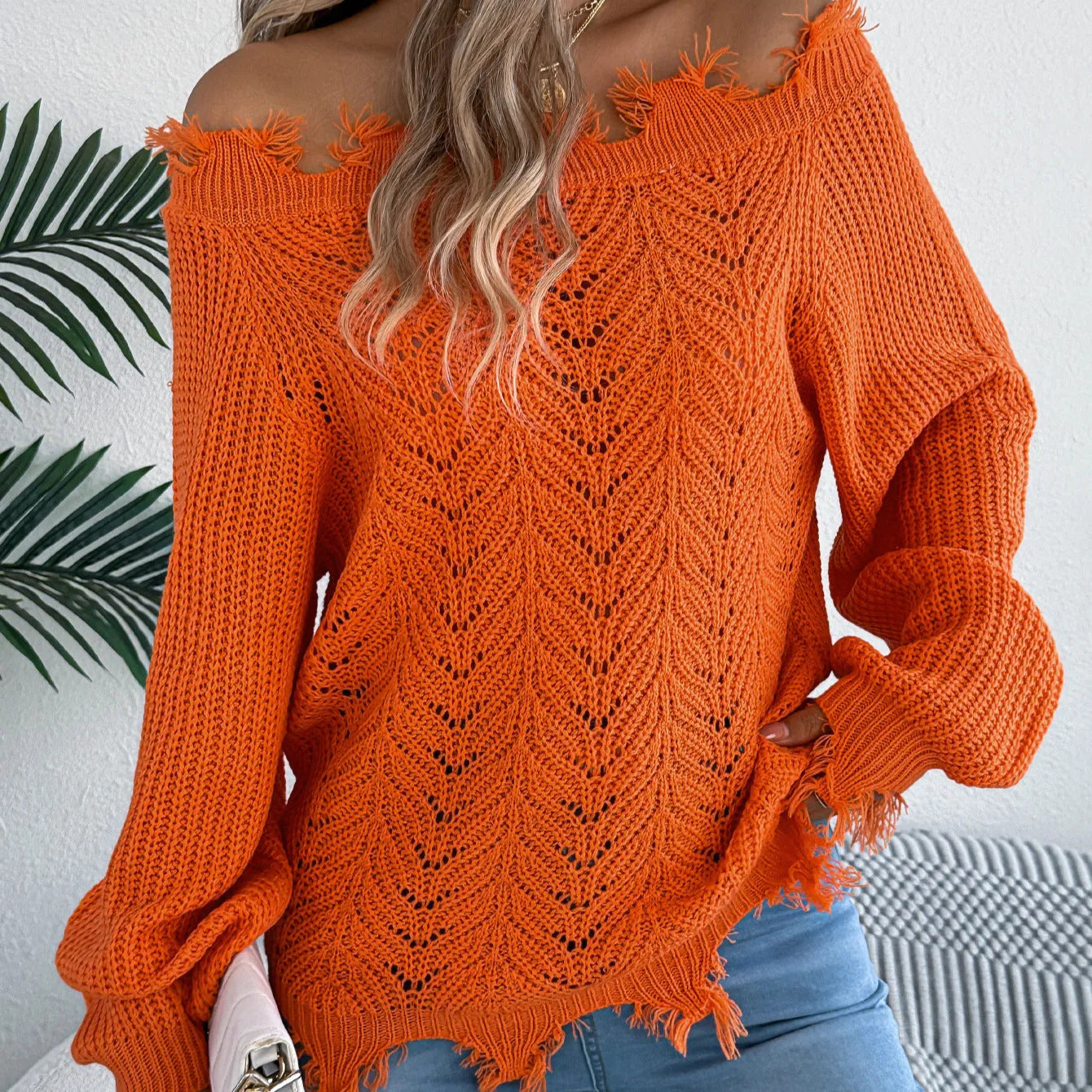 Women's white hollow-out pattern pullover sweater with cut off-the-shoulder design