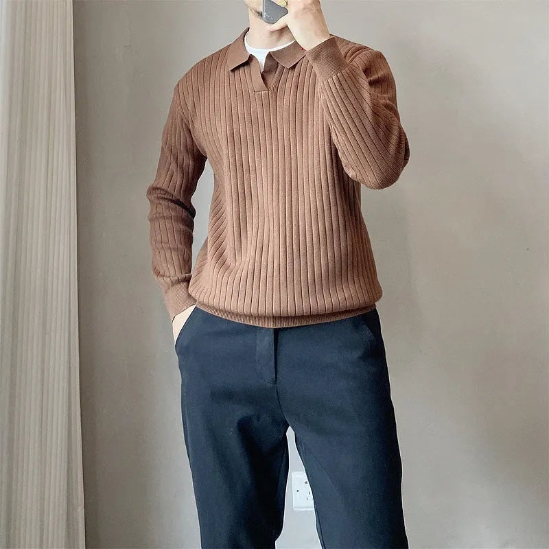 Men's modal rabbit fur knitted pullover sweater in loose fit showing striped lapel detail