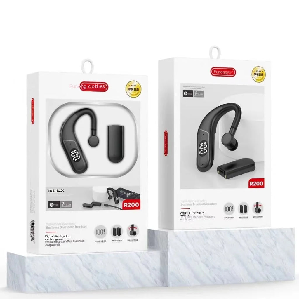 Black digital display ear hook sports headset with dual battery and in-ear fit