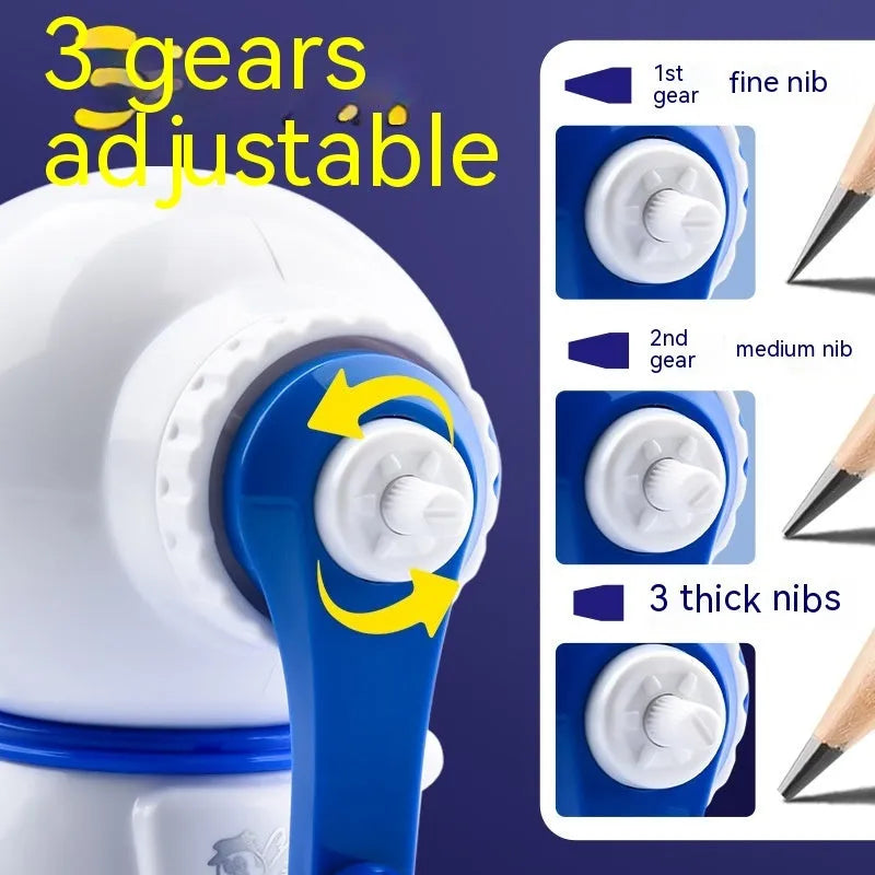 Astronaut-themed manual pencil sharpener in blue or pink with adjustable three-level system