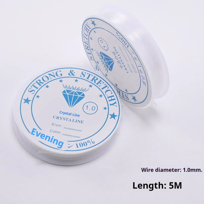 Roll of transparent white elastic fishing line cord for DIY jewellery making, showing six diameter size options.