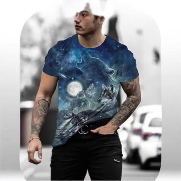 Retro 3D animal graphic printed on a men's grey short-sleeved T-shirt.