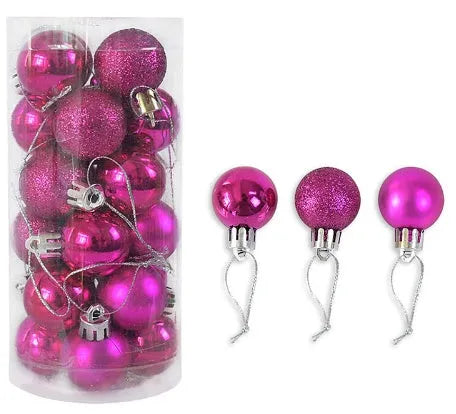 3 cm shiny matte finish Christmas tree bauble ornament in assorted colours including red, gold, and silver.