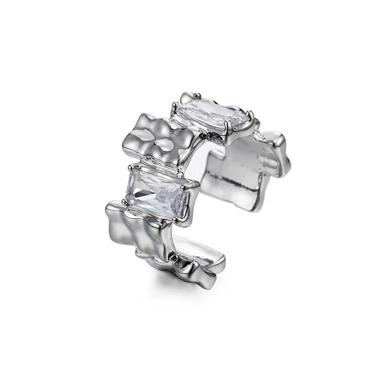 Silver cross zircon ring with open geometric design and three-dimensional decoration