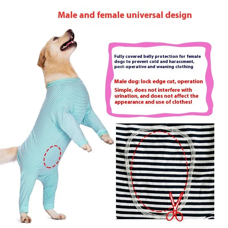 Four-legged striped polyester dog shirt for Golden Retrievers and Labradors in three colour options.