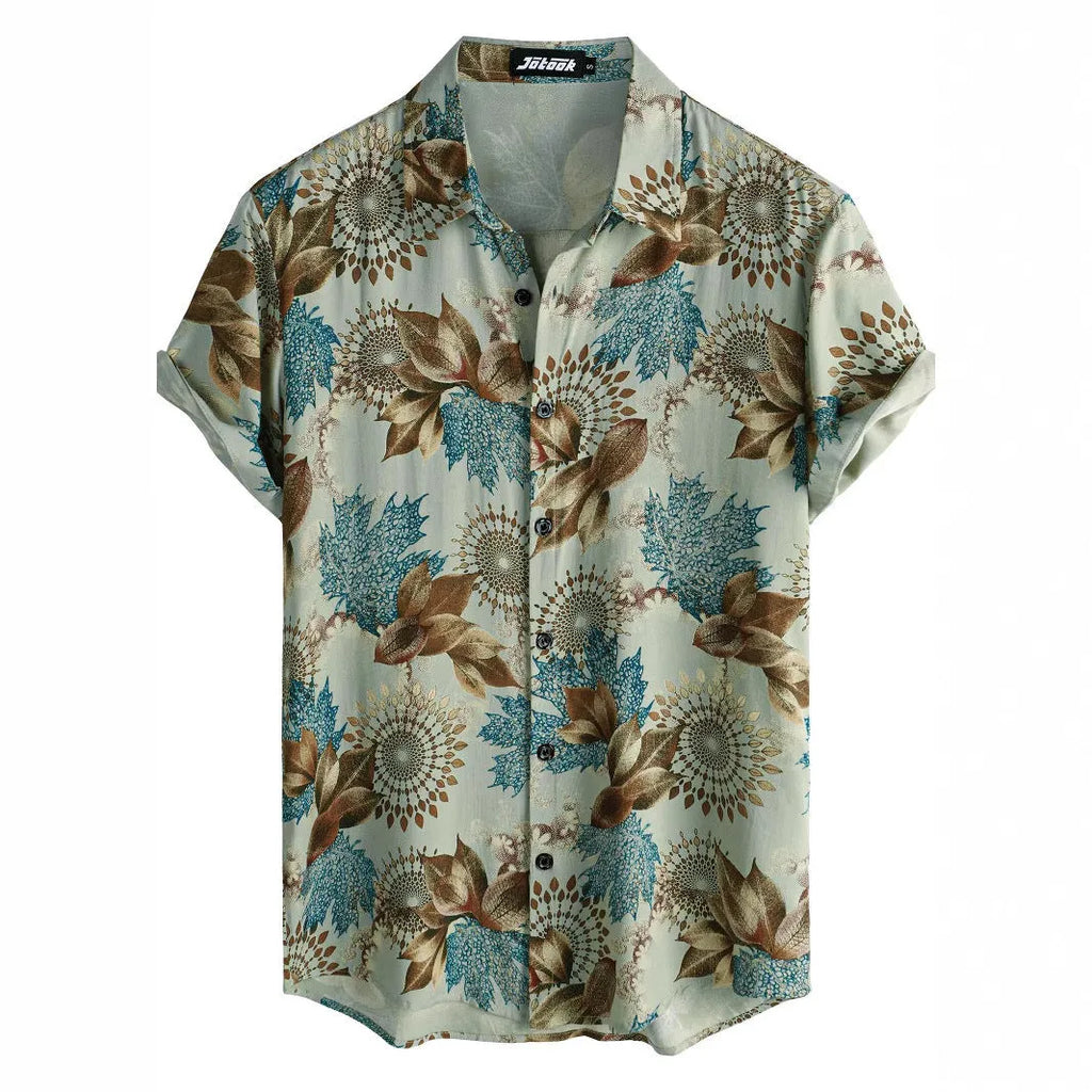 Hawaiian floral print short sleeve shirt with lapel design on elastic polyester fabric