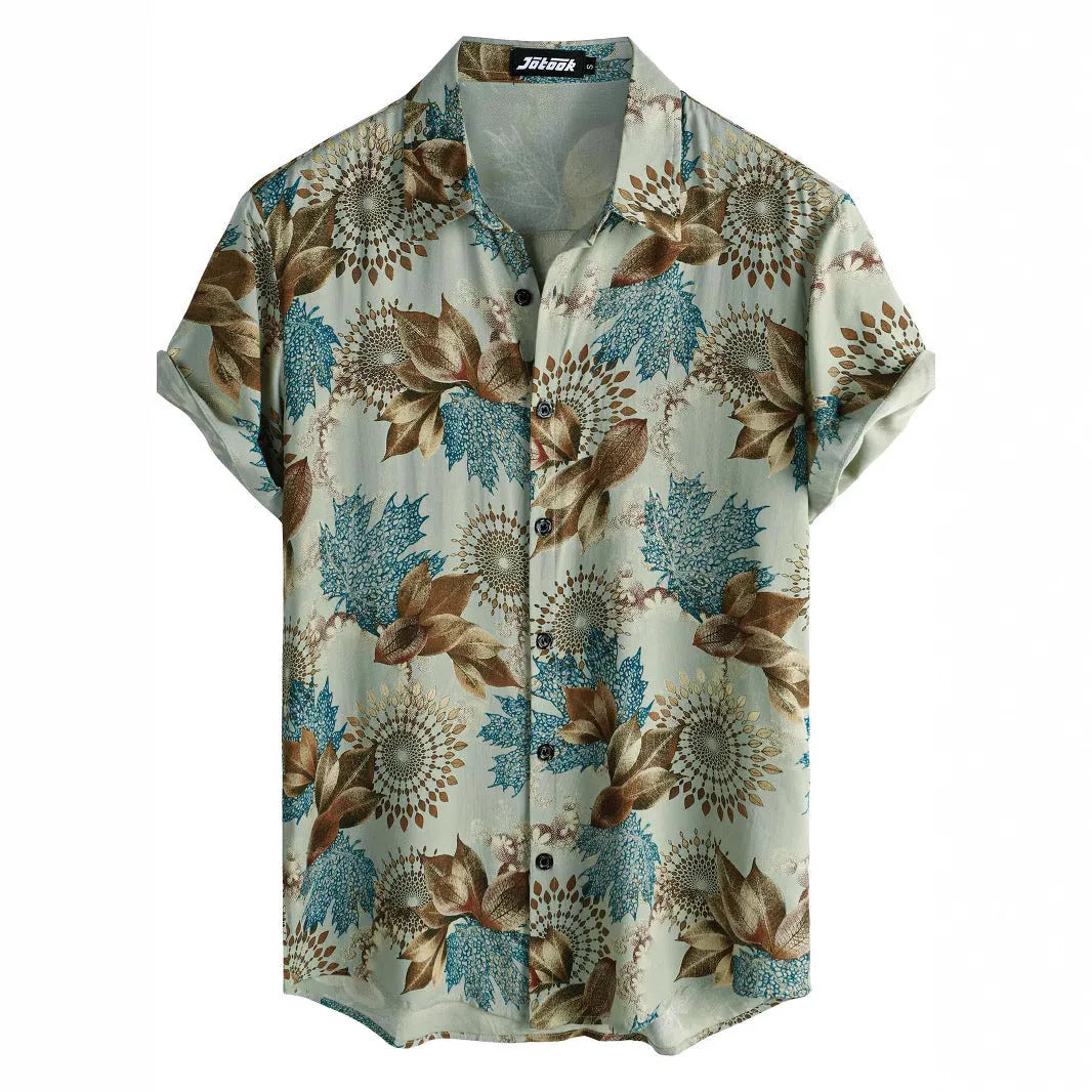 Hawaiian floral print short sleeve shirt with lapel design on elastic polyester fabric