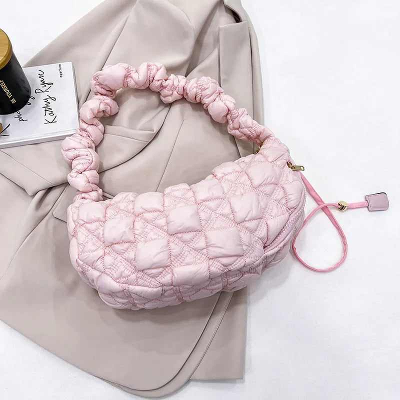 Women's nylon shoulder messenger bag in beige colour showing adjustable strap and dimensions